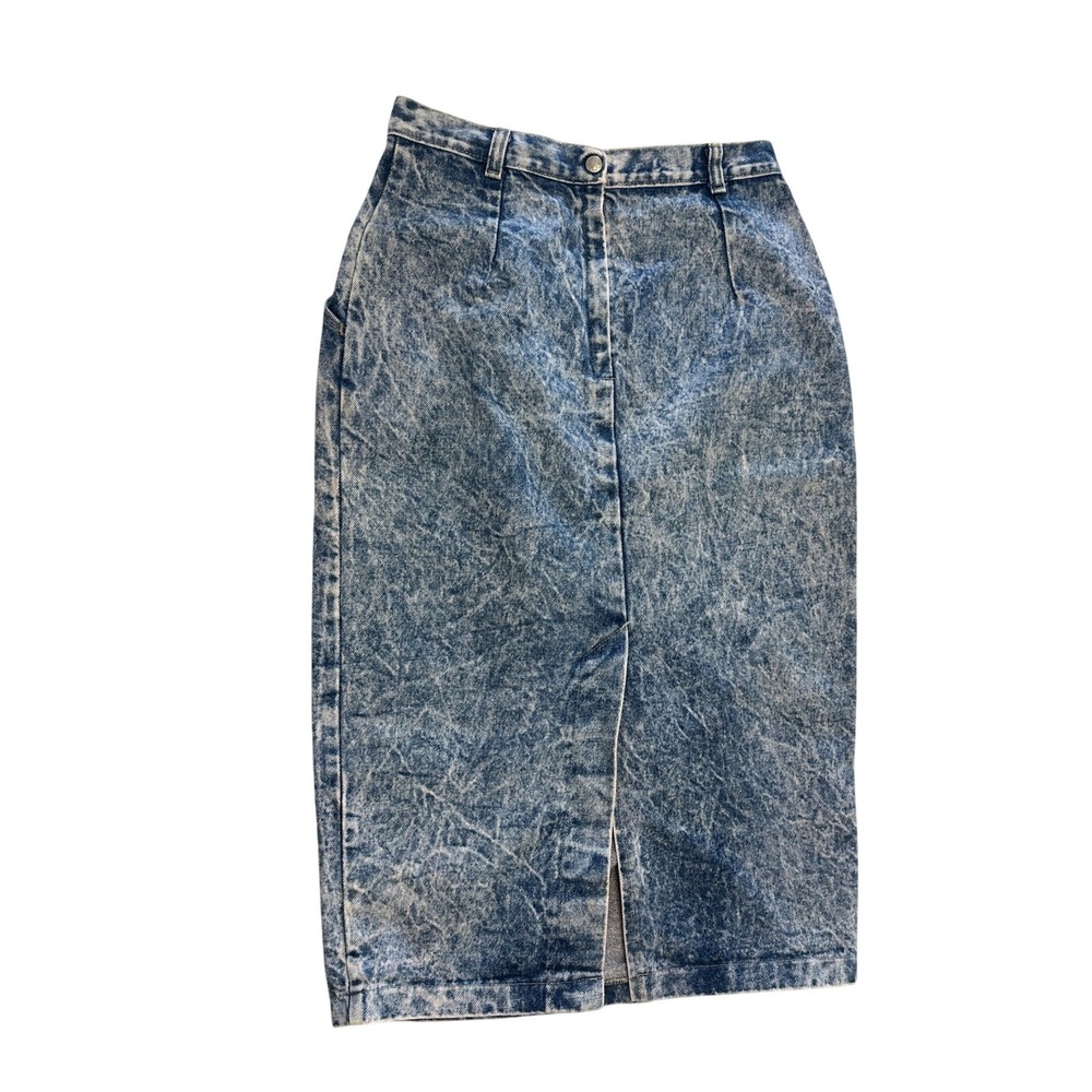 Acid Wash Denim Stuffed Shirt Midi Skirt High Waisted V-Yoke Vintage 80s